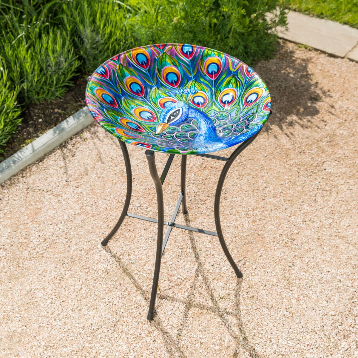 Glass Bird Bath Garden Outdoor Patio Decoration Metal Stand Peacock